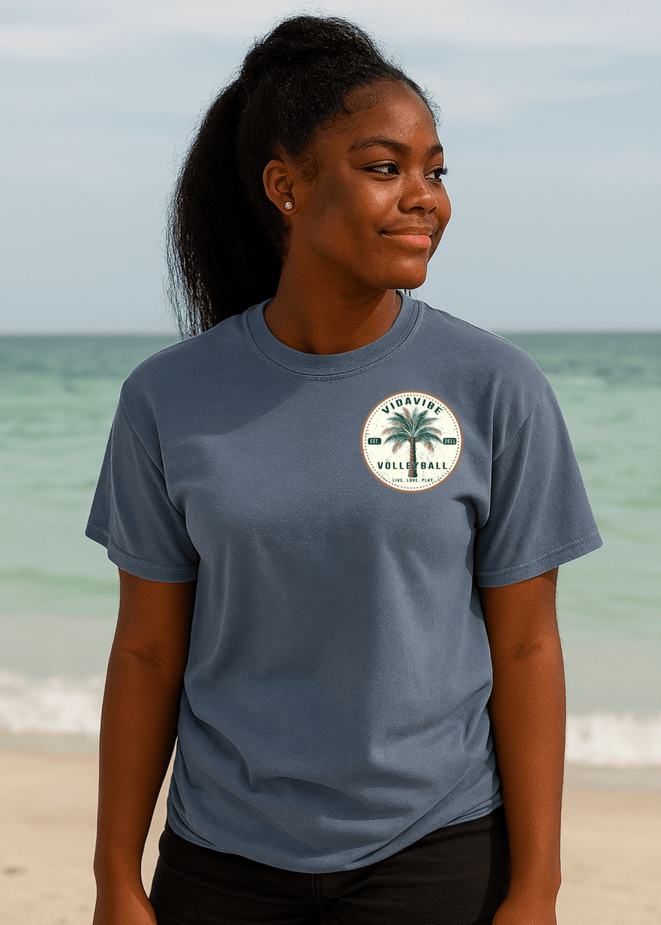 Palm Tree Volleyball Denim Tee